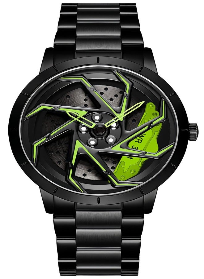 Gosasa Men Racing Watches Rotatable Car Rim Wheel hub Design Sports Watches Stainless Steel Waterproof Watch (Black Green) - Image 1